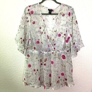 TORRID PLUS SIZE 1 1X‎ SHEER TOP WHITE PINK FLORAL SPRING SUMMER BLOUSE GUC